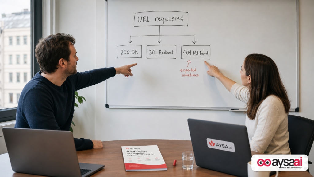 Team reviewing a simple whiteboard flow explaining 200, 301, and 404 responses and why some are expected.