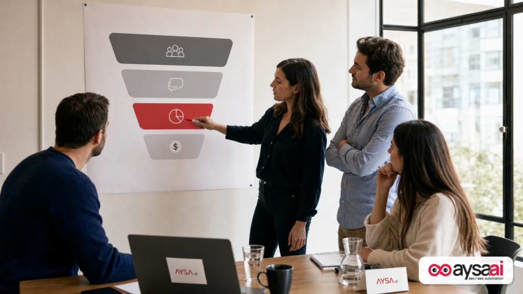 Team reviewing a simplified funnel from leads to revenue with emphasis on qualified opportunities.