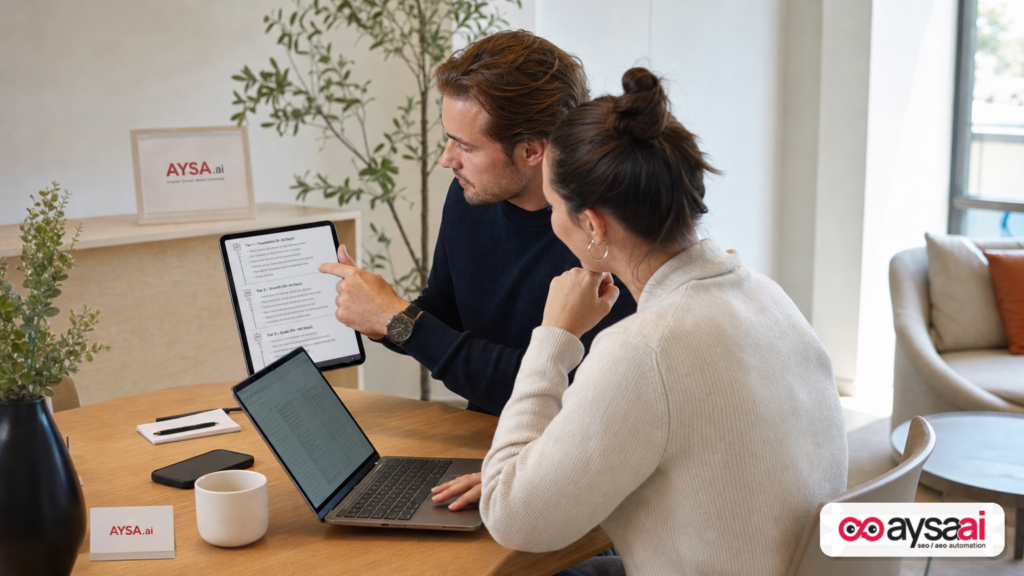 Team reviewing a structured AI strategy while cross-checking data in an office setting.