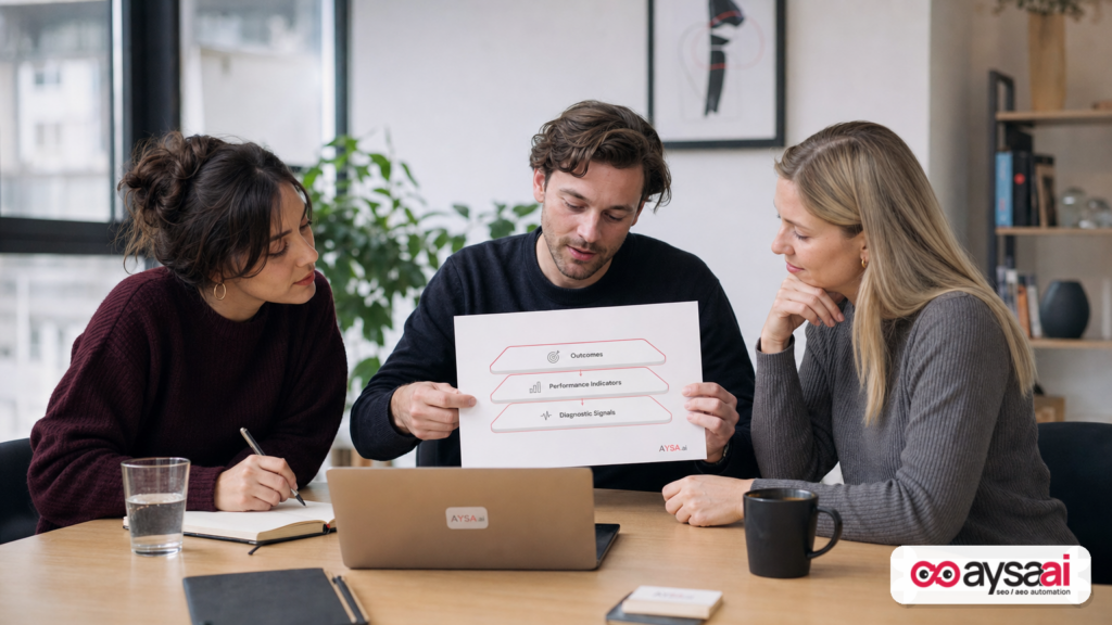 Team reviewing a three-layer measurement model printout.