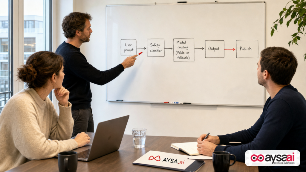 Team reviewing a whiteboard flow showing classifier checks and model routing before AI output is produced.
