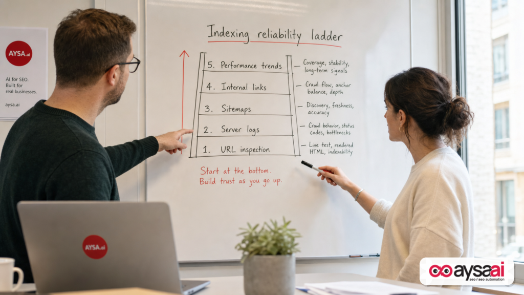 Team reviewing a whiteboard ladder of checks to validate indexing when reports are delayed.