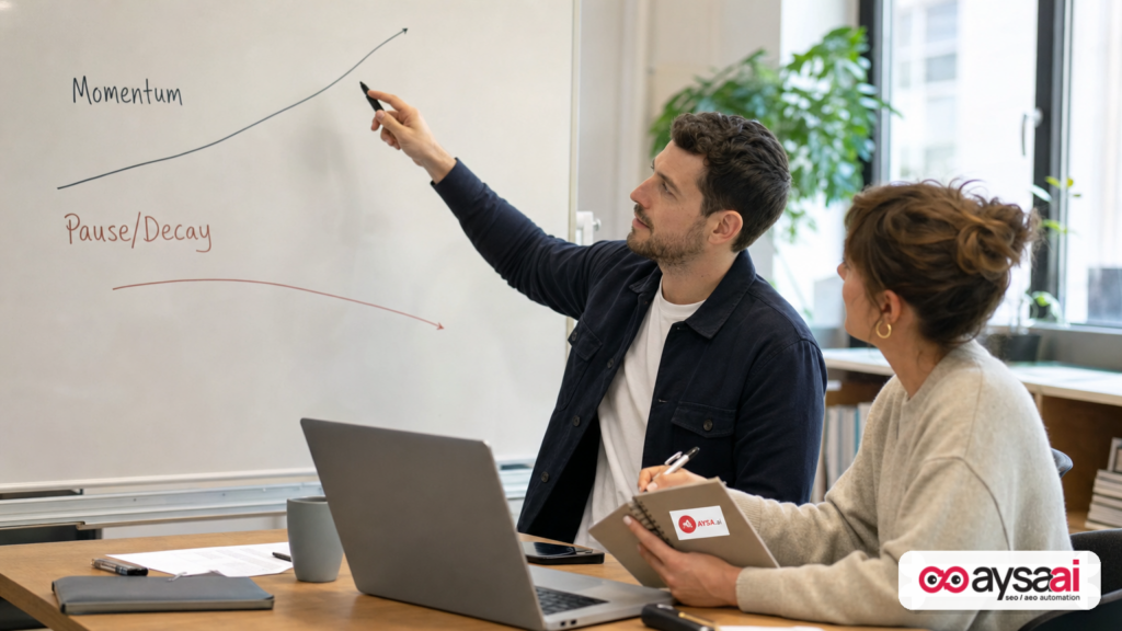 Team reviewing a whiteboard sketch comparing SEO momentum to pause and decay over time.
