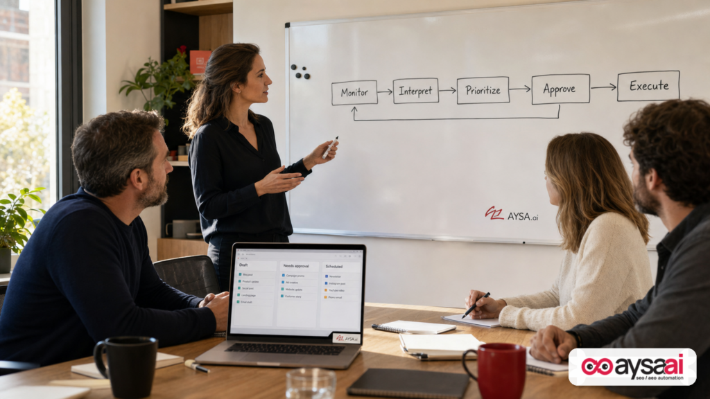 Team reviewing a workflow diagram from monitoring to approved execution for SEO actions.