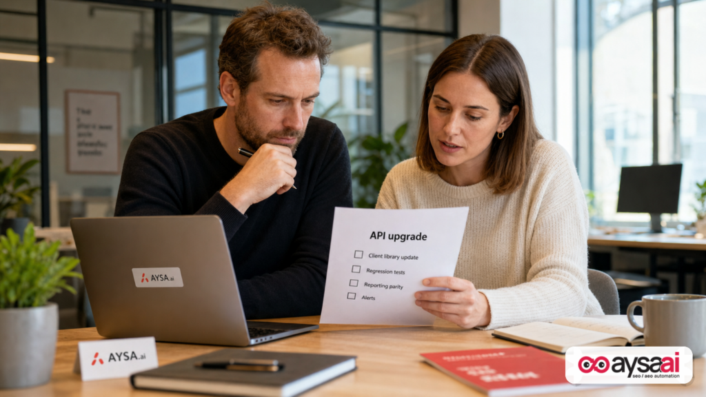 Team reviewing an API upgrade checklist to avoid reporting and attribution breakage.