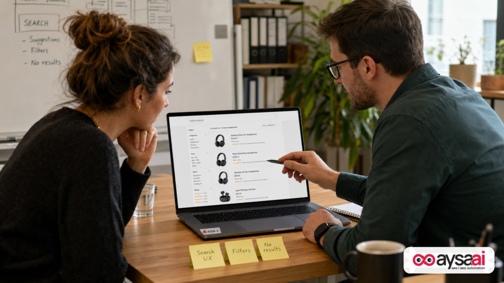 Team reviewing an internal site search results experience on a laptop as a key landing page.