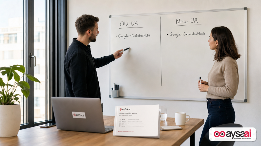 Team reviewing old and new user-agent strings on a whiteboard after the Gemini Notebook rebrand.