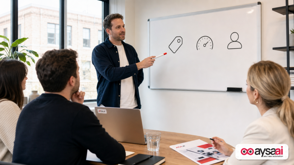 Team reviewing three-step framework for AI video publishing: disclosure, limits, and human owner.