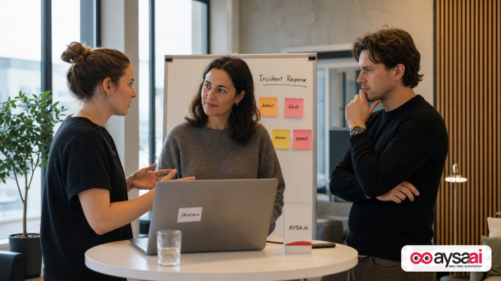 Team running a real-time incident response meeting for spam mitigation