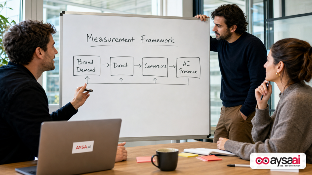 Team sketching a multi-signal measurement framework on a whiteboard to replace click-only SEO reporting.