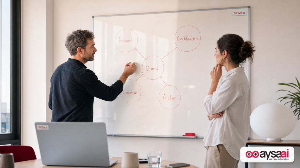 Team sketching a simple entity relationship map on a whiteboard to explain entity-first SEO.