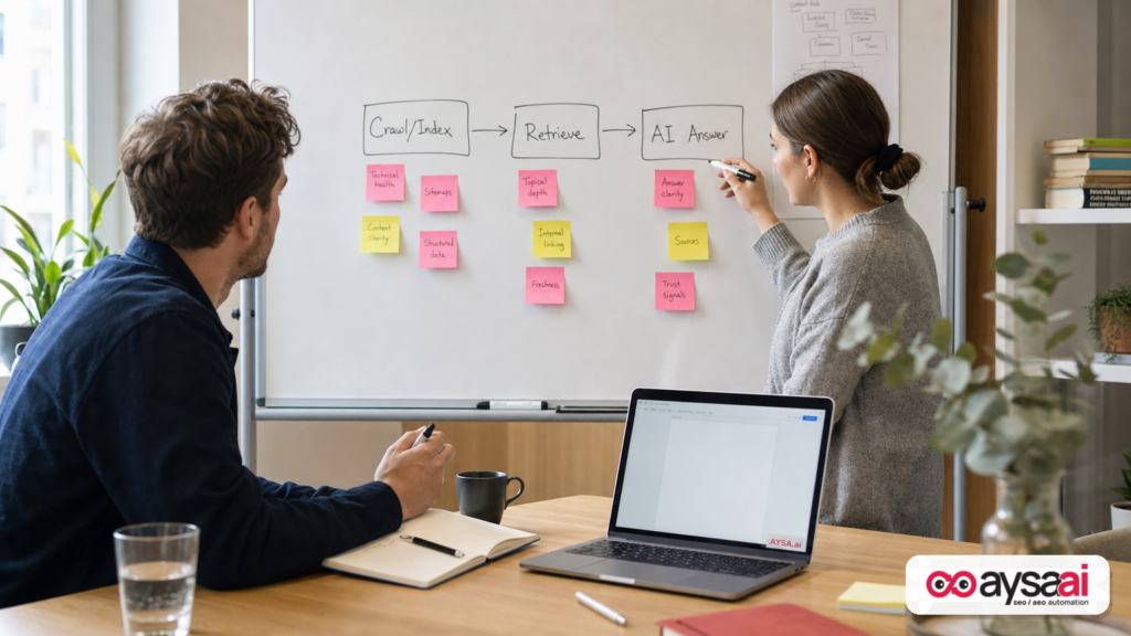 Team sketching a simple retrieval and AI answer workflow on a whiteboard.