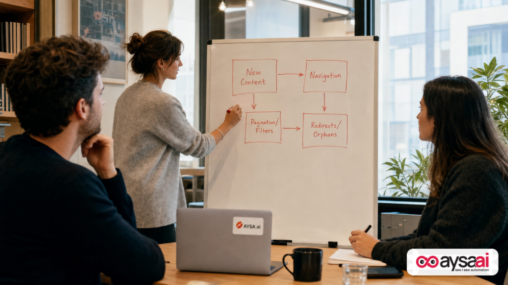 Team sketching common internal linking failure patterns on a whiteboard.