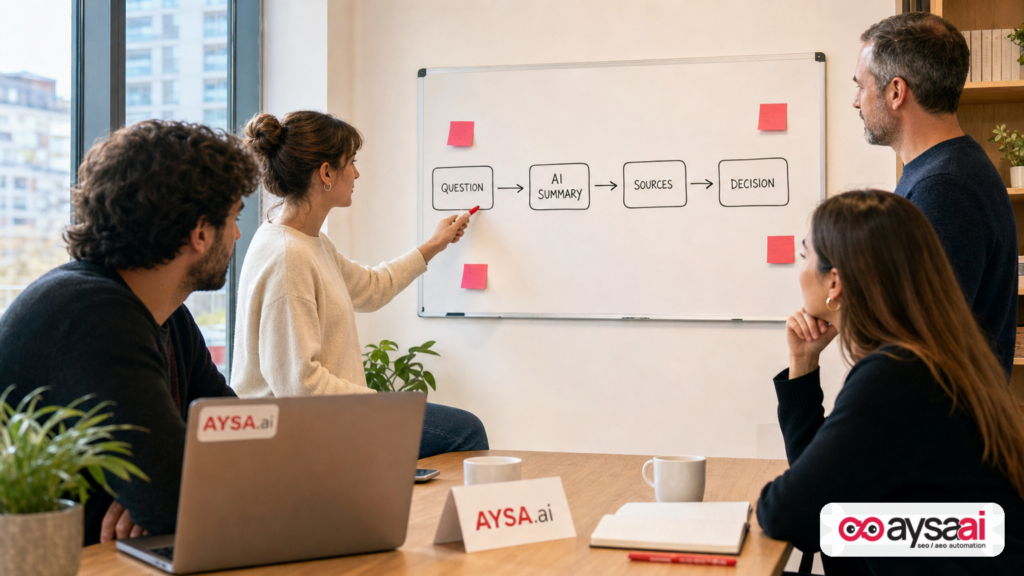 Team whiteboarding the AI search journey from question to summary to sources to decision.