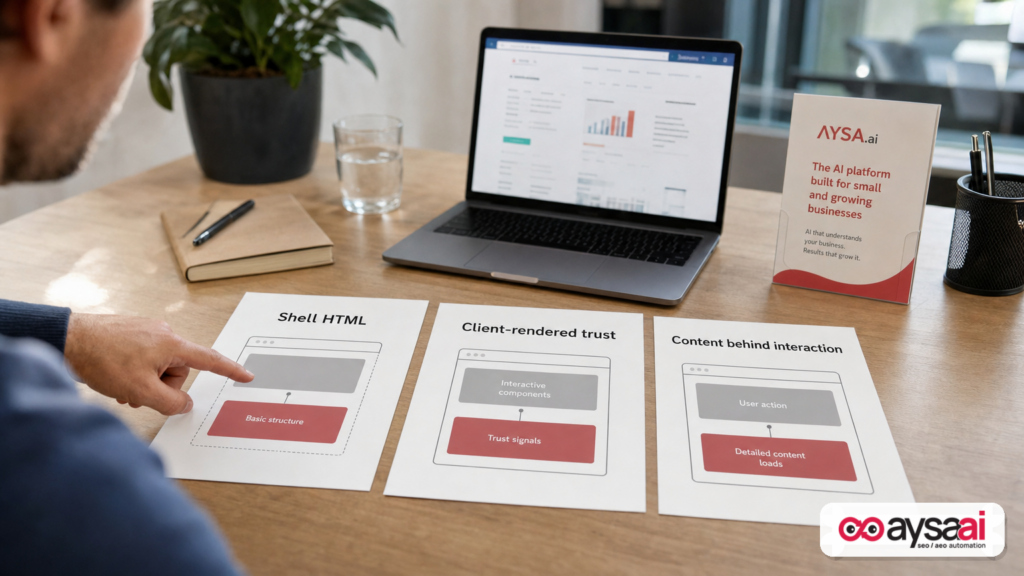 Three cards illustrating common rendering-dependence patterns: shell HTML, client-rendered trust content, and content hidden behind interaction.