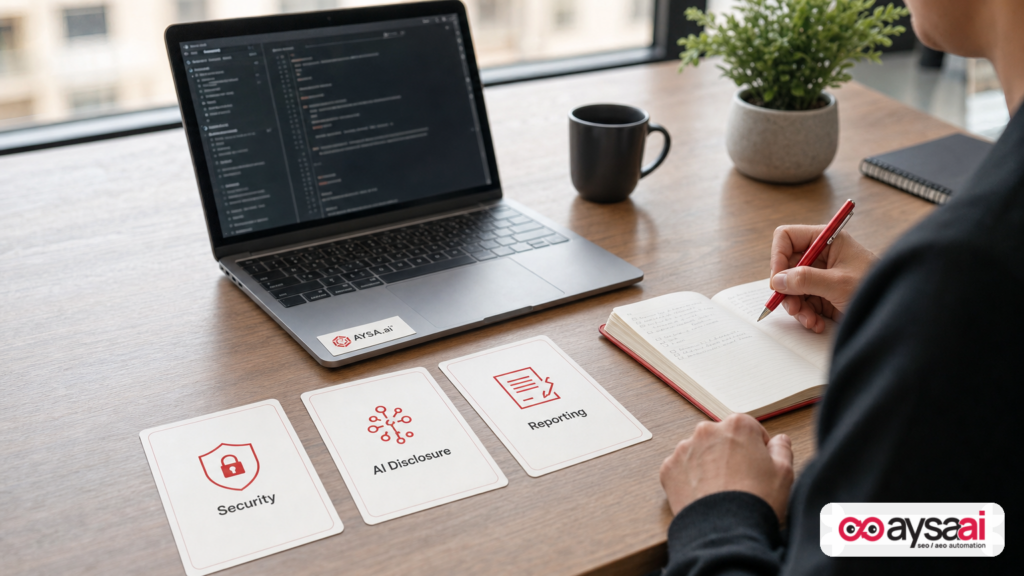 Three cards representing security, AI disclosure, and reporting next to a laptop and notebook.