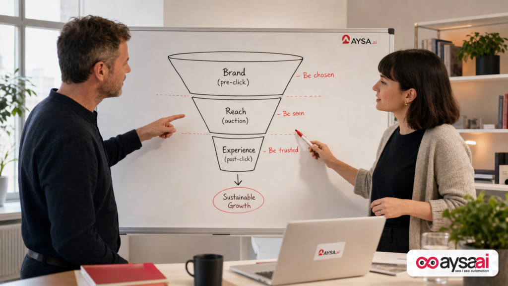 Three-layer model showing brand before the click, reach in the auction, and experience after the click.