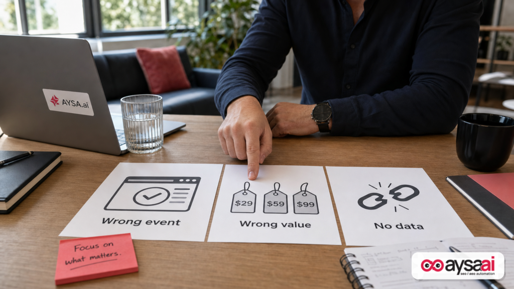 Three-panel visual illustrating wrong event, wrong value, and missing conversion data.