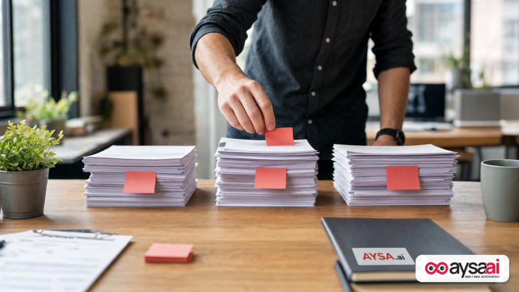 Three paper stacks symbolizing fetched, cited, and mentioned outcomes in AI answers.