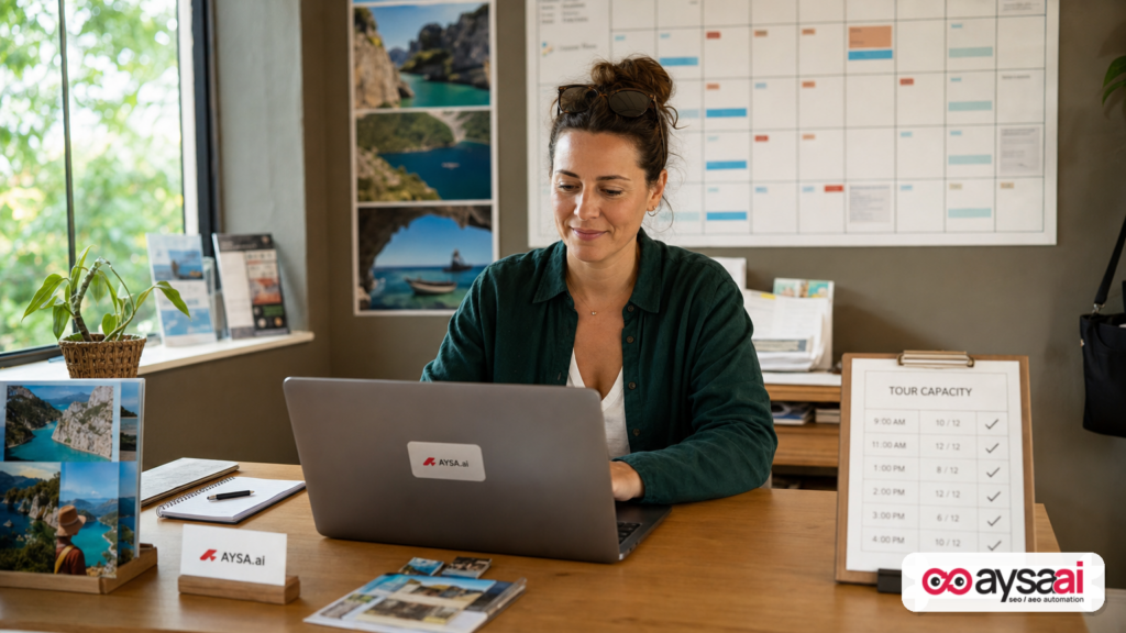 Tour operator managing bookings with a laptop and calendar of time slots.