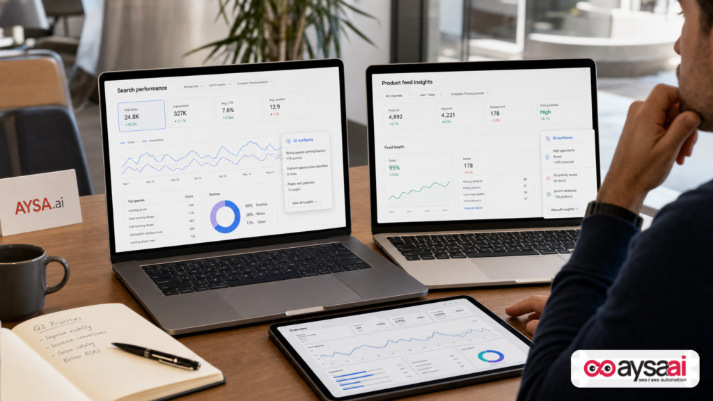 Two analytics views representing Search Console and Merchant Center AI reporting side-by-side on a desk.