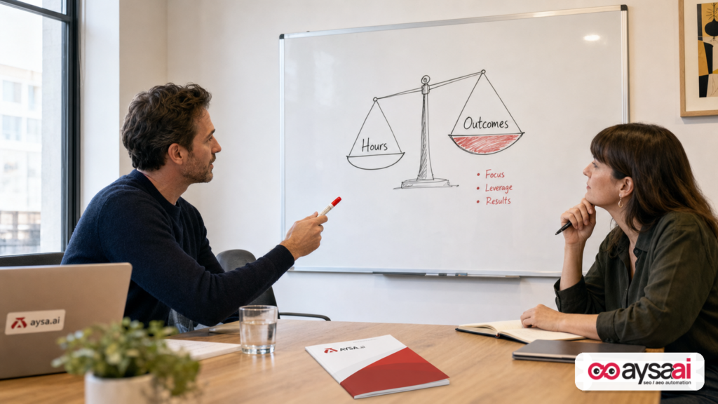Two colleagues discussing outcomes versus hours on a whiteboard in a small business meeting.