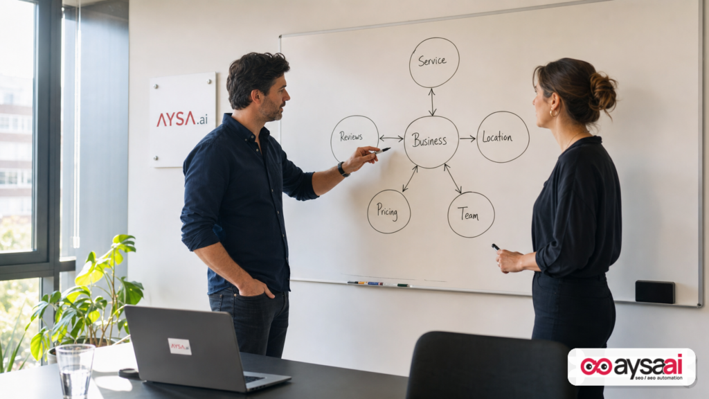 Two colleagues review a simple knowledge graph sketch showing business entities and relationships.