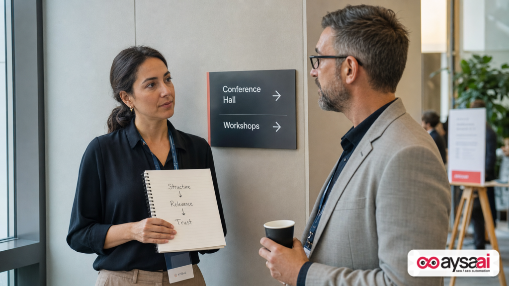 Two marketers discussing a simple search strategy diagram in a conference hallway.