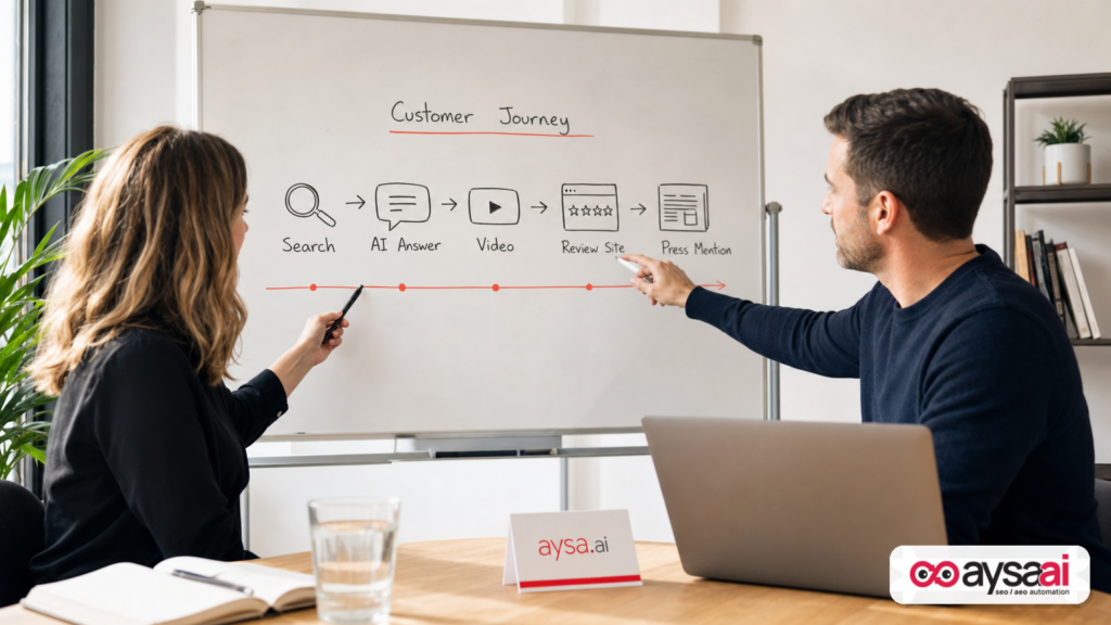 Two marketers mapping how customers discover brands across search and AI answers on a whiteboard.