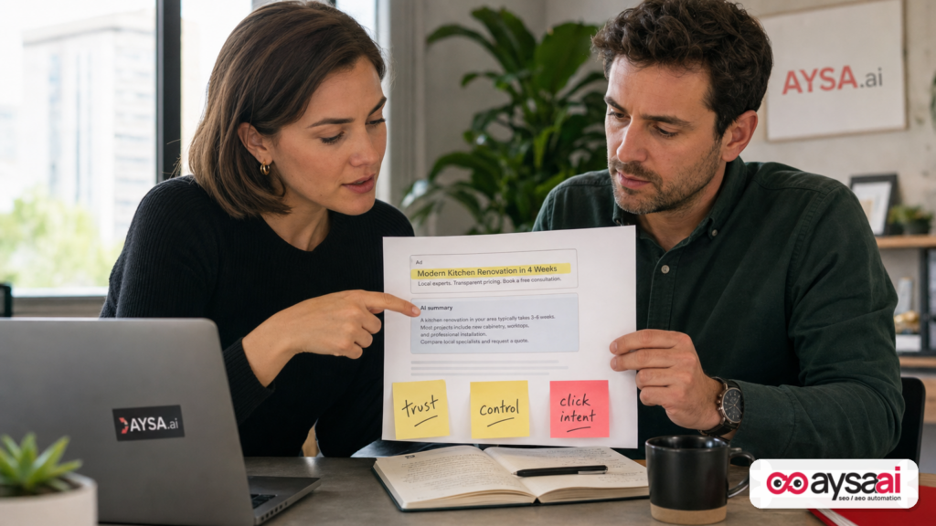Two marketers reviewing a printed mockup of an ad and an AI summary block with sticky notes about trust and control.