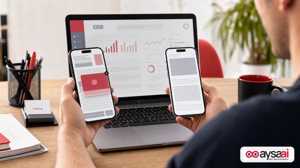 Two mobile page mockups comparing a cluttered ad-heavy experience versus a clean user-friendly page.