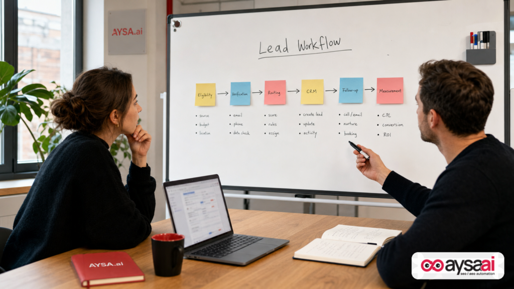 Two people mapping a lead workflow for Google Ads lead forms with verification, routing, and measurement steps.