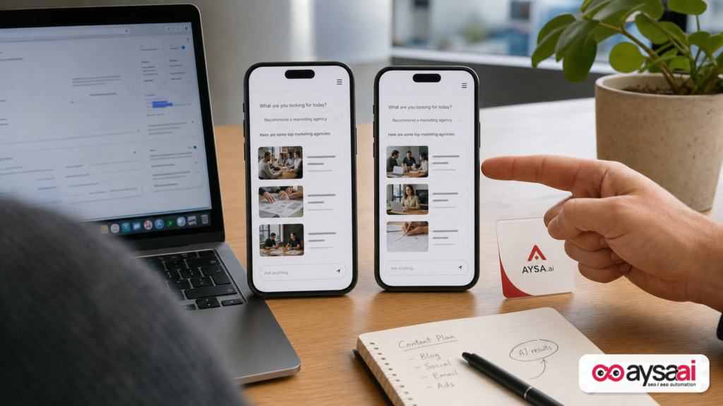 Two phones showing different AI search answers for the same query, illustrating personalization.