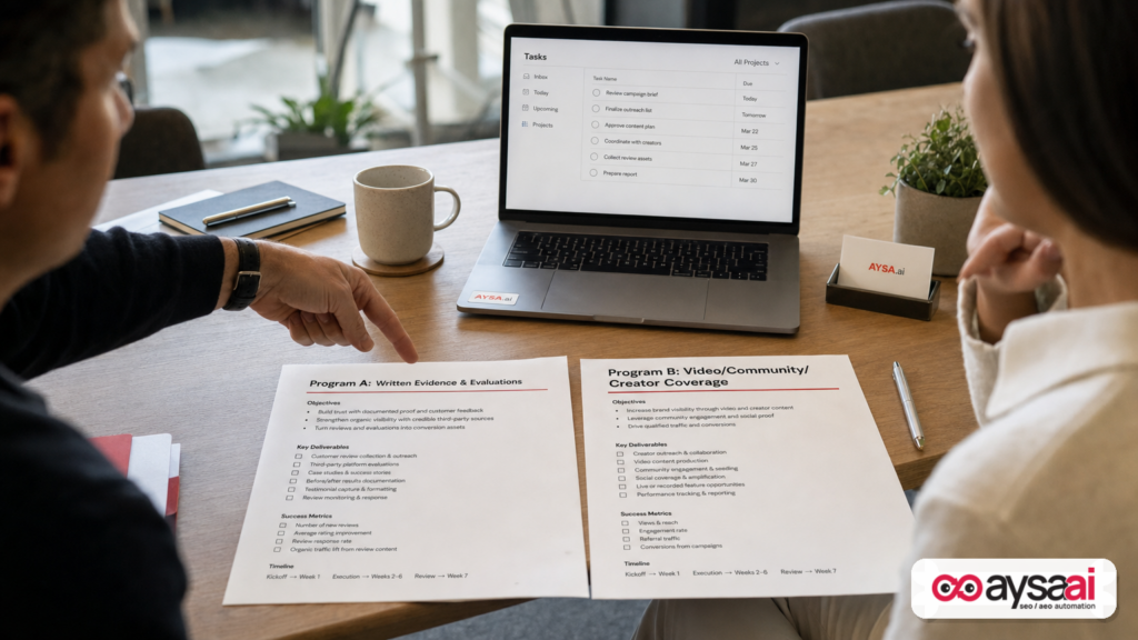 Two printed plans showing separate AI search programs for written evidence and video/community coverage.