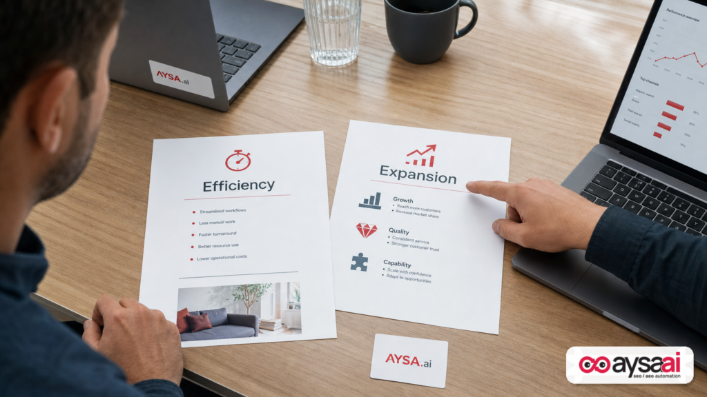 Two reports comparing AI efficiency metrics versus AI expansion outcomes with a hand pointing to expansion.