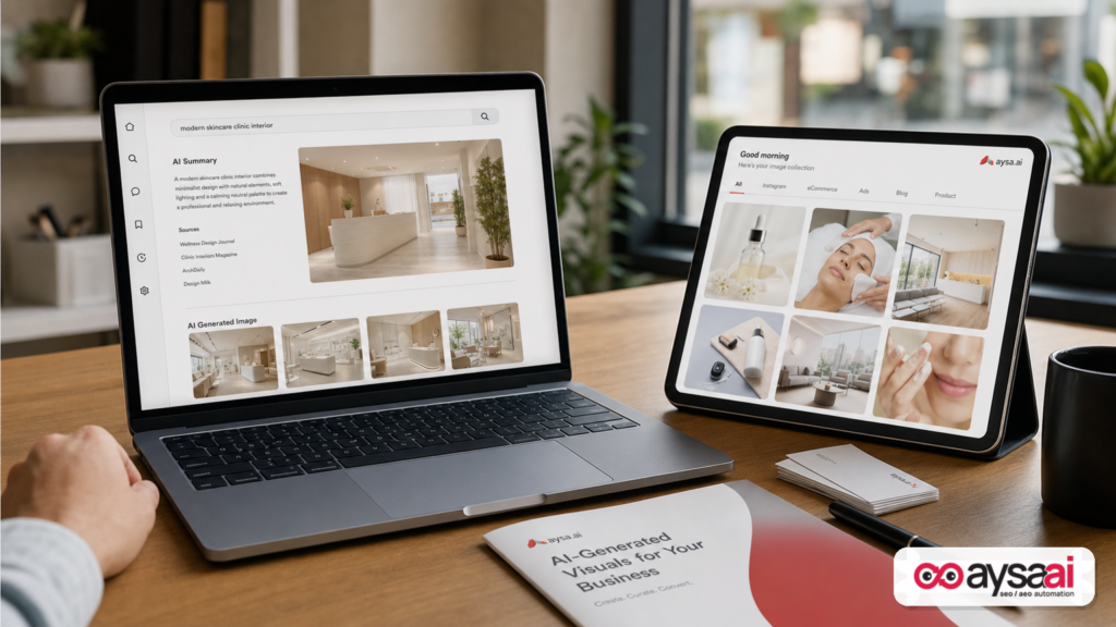 Two-screen desk setup showing a generic AI search overview with a generated image and a generic image discovery homepage.