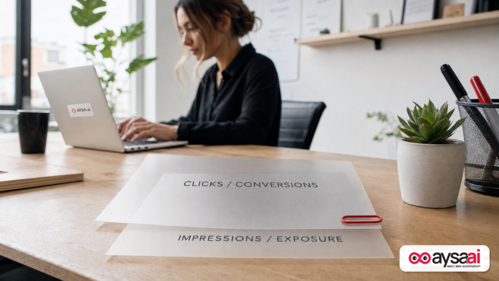 Two transparent sheets labeled exposure and clicks, showing how exposure is hidden by click-based measurement.