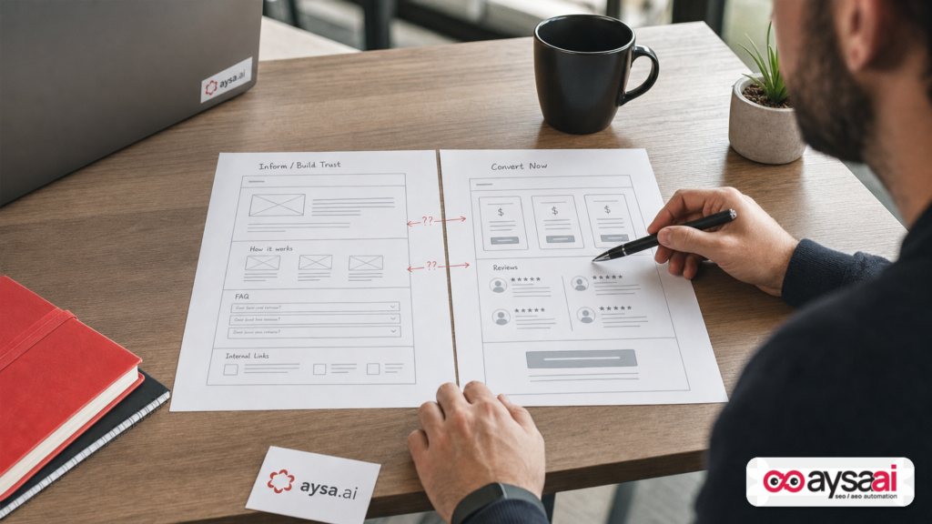 Two website page wireframes side by side showing the difference between informational brand content and conversion-focused landing pages.