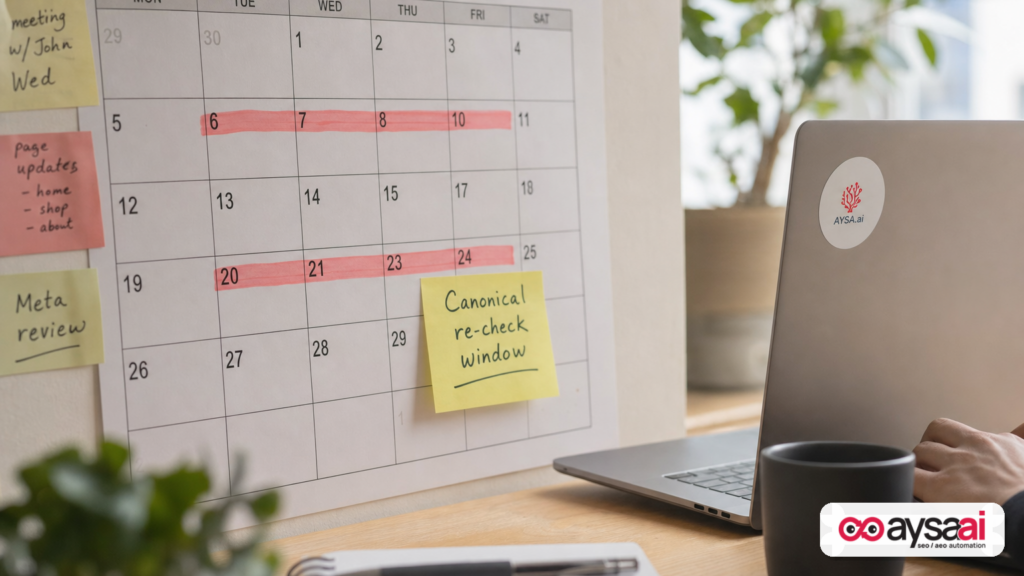 Two-week calendar window highlighted for canonical re-evaluation after content changes.