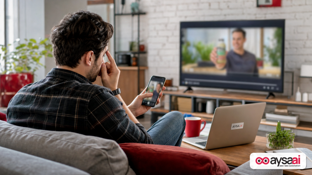 Viewer experiencing ad fatigue while watching streaming video and scrolling on a phone.