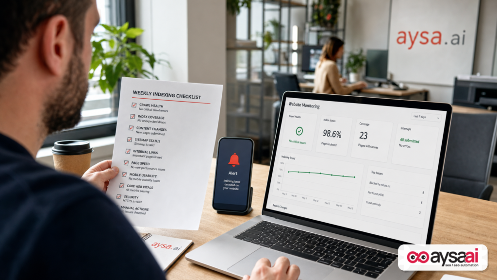 Weekly SEO checklist beside a phone alert and a laptop monitoring dashboard.