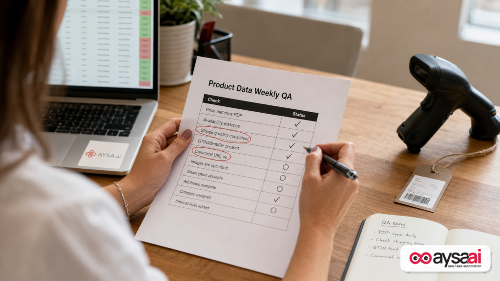 Weekly product data QA checklist highlighting common feed and site alignment checks.