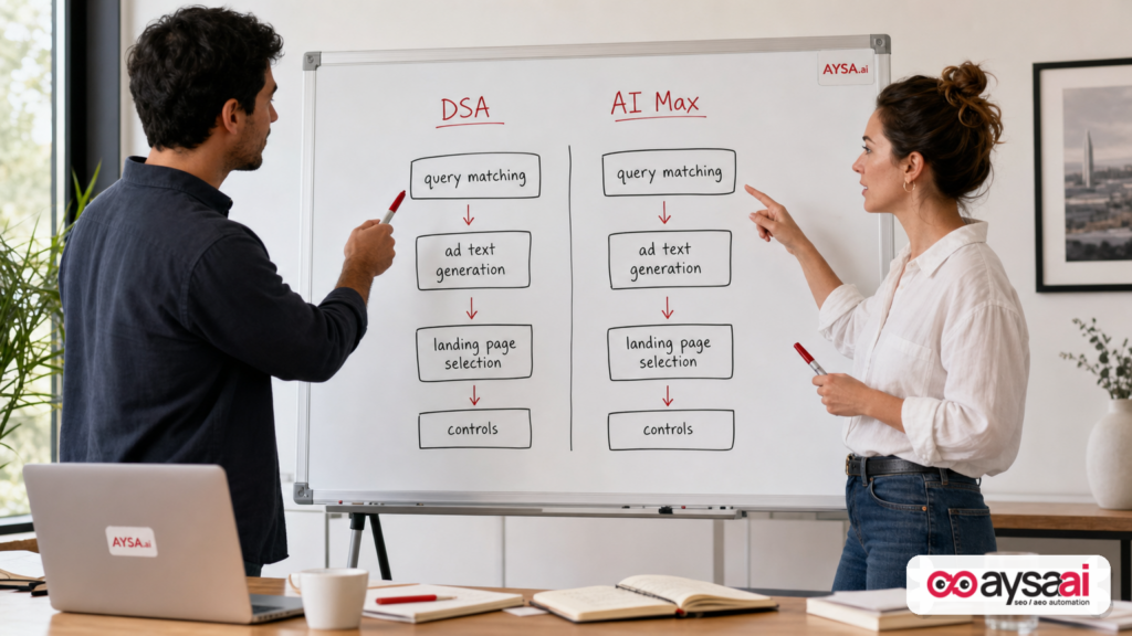 Whiteboard comparing DSA versus AI Max components for targeting, ad creation, and landing page selection.