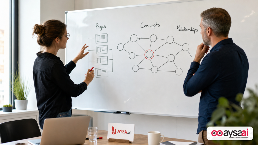 Whiteboard comparing a stack of web pages to a connected knowledge graph of concepts and relationships.