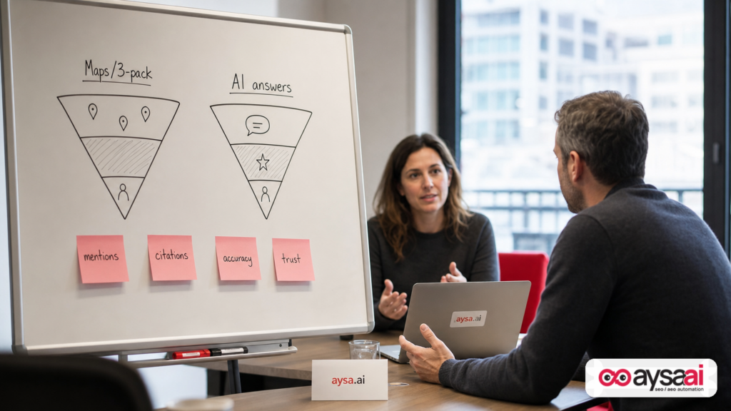 Whiteboard comparing traditional local rankings to AI answer visibility metrics like mentions, citations, and accuracy.