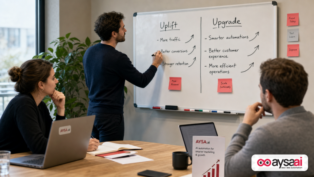 Whiteboard comparing uplift and upgrade experiment types for Performance Max in Microsoft Ads.
