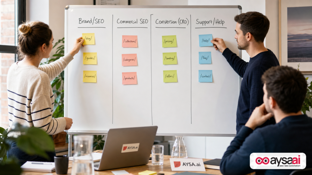 Whiteboard content map showing four page types and example site sections for an SME website.