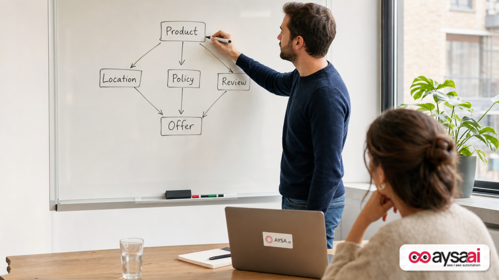 Whiteboard diagram connecting products, locations, policies, reviews, and offers as a knowledge graph.