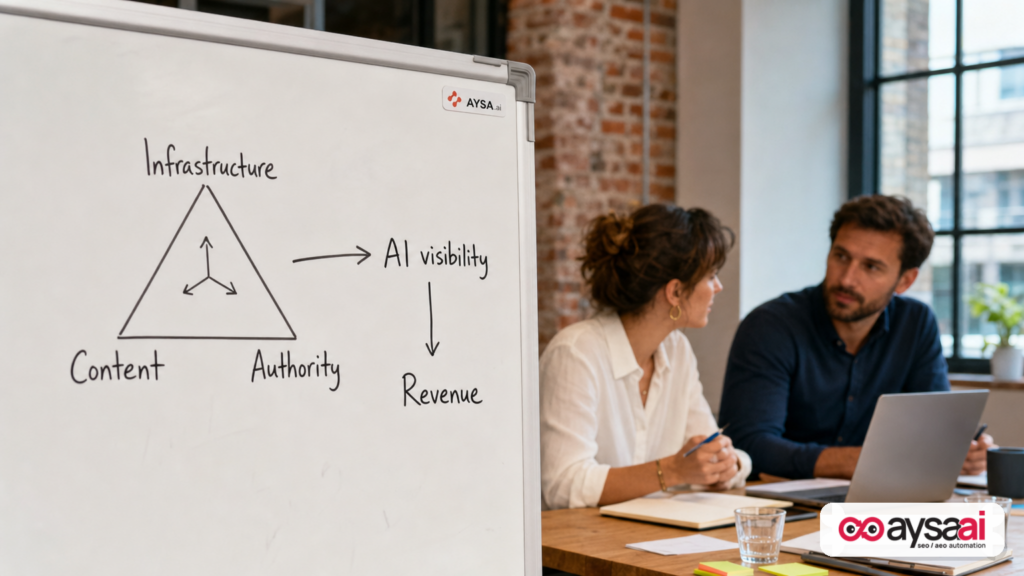 Whiteboard diagram of the Search Triangle: infrastructure, content, and authority.