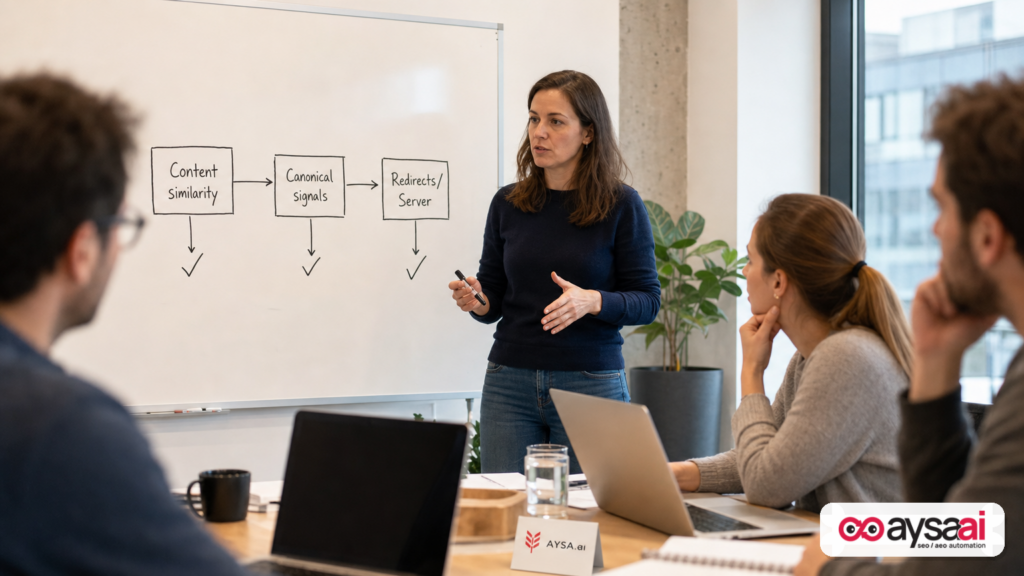 Whiteboard diagram separating content similarity, canonical signals, and redirect/server issues.